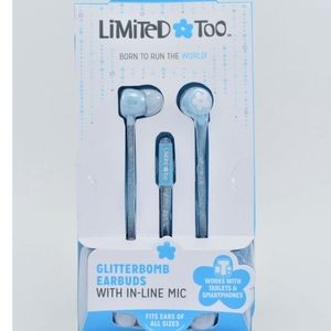 New!!! "Limited Too" blue  Glitterbomb earbuds with in-line mic